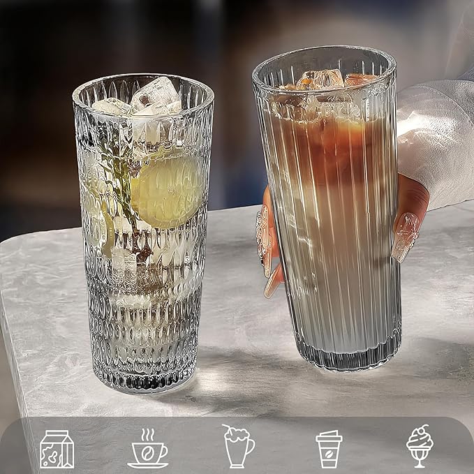 Puraville 18oz Glass Cup with Lid and Straw, Vintage Ribbed Striped Thickened Glassware for Whiskey Cocktail Beer, Mason Jar Drinking Glasses Tumbler Iced Coffee Cup, Black