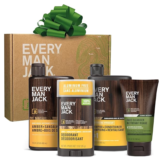 Every Man Jack Men's Bath and Body Gift Set - Amber + Sandalwood Scent - Clean Ingredients - Includes Hydrating Body Wash, 2-in-1 Shampoo, Aluminum-free Deodorant & Face Wash