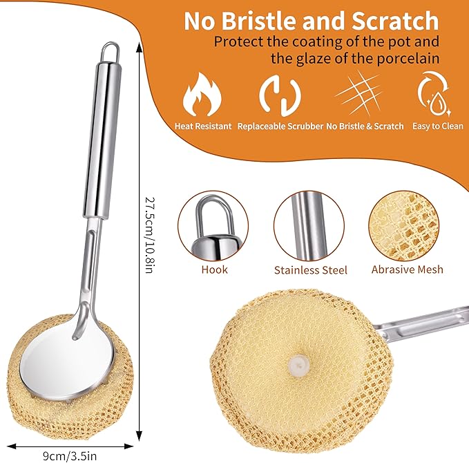 Kitchen Scrub Brush with Handle, Non-Scratch Cleaning Brush for Wok, Cast Iron, Pans, Oven Racks, Air Fryer