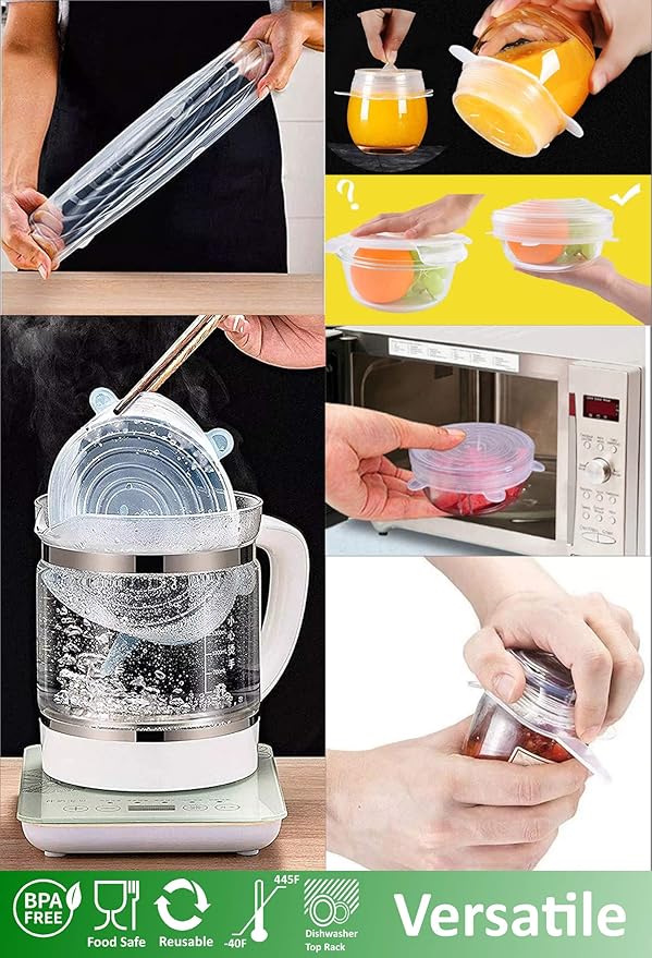 altCookingHub Silicone Stretch Lids, 6-Pack of Various Sizes, BPA Free, No Filler, Leakproof Reusable Silicone Lids for Various Shapes of Containers and Food Covers