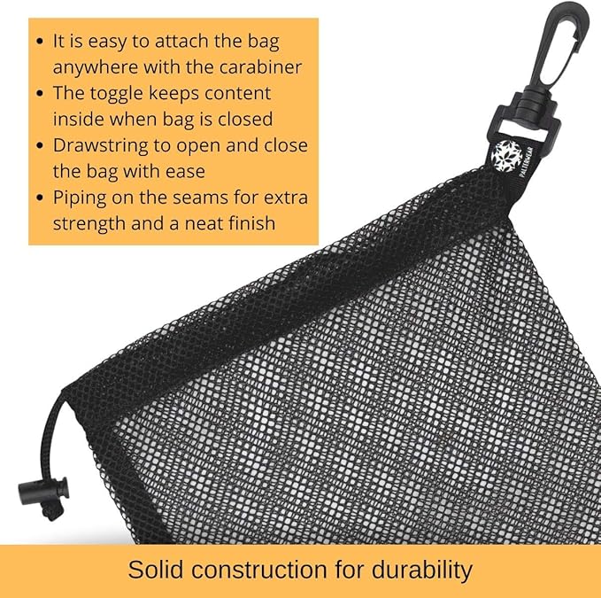 PALTERWEAR Mesh Drawstring Bag With Clip and Toggle Closure - For Snorkeling, Foraging, Sports - Multi-Use Set of 4 (Black, 8 x 11 inch)