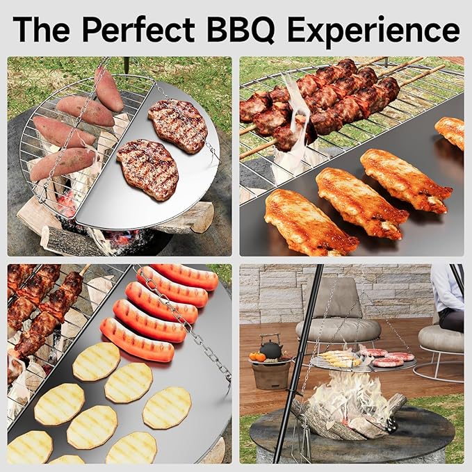 Campfire Tripod for Cooking, Campfire Cooking Equipment, Round Grill Grate with Adjustable Height for BBQ Picnic Outdoor Cookware Party & Collapsible Legs for Easy Storage