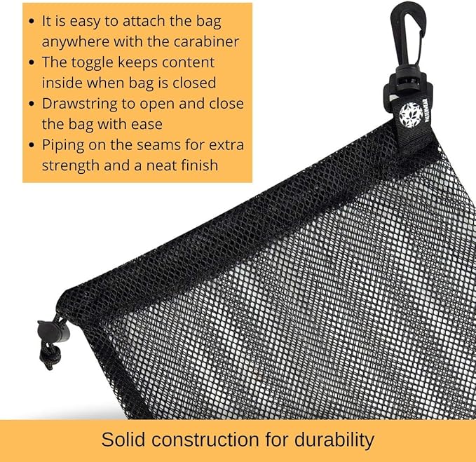 PALTERWEAR Mesh Drawstring Bag With Clip and Toggle Closure - For Scuba, Scalloping, Camping - Multi-Use Set of 4 (Black, 9 x 12 inch)