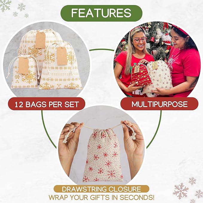 12 Pack Reusable Christmas gift bags with 15 gift tags. Gift sacks. Fabric drawstring holiday gift bags in assorted sizes. Xmas bags for presents, parties & stocking stuffers. (CE2)