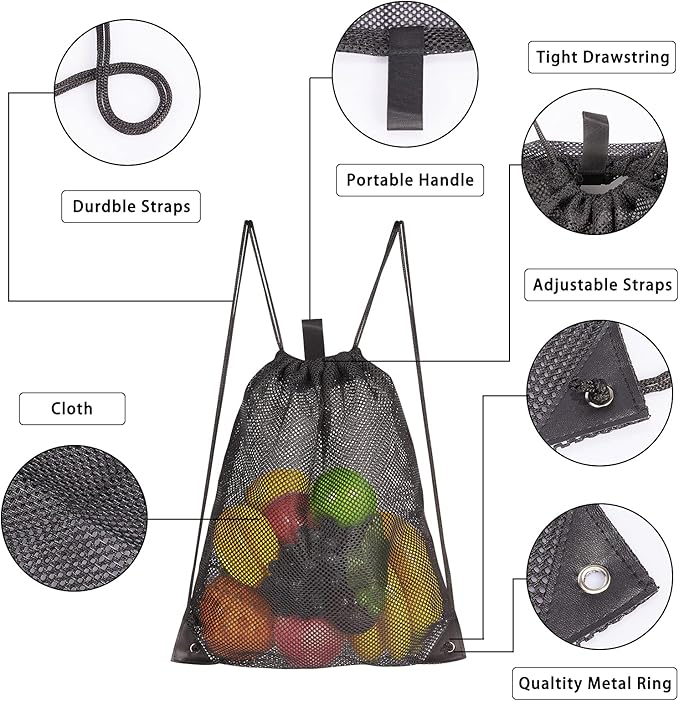 HAOGUAGUA 2-PACK Mesh Drawstring Bag, Mesh String Bag for Gym Laundry Seashell and Beach finds, Mushroom Hunting Bag