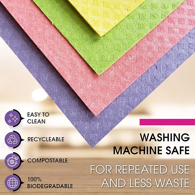 Swedish Dishcloths – Eco-Friendly Reusable Kitchen Towels – 10 Pack Cleaning Cloths for Dishes, Counters & Surfaces – Super Absorbent, Compostable, Zero-Waste Alternative -