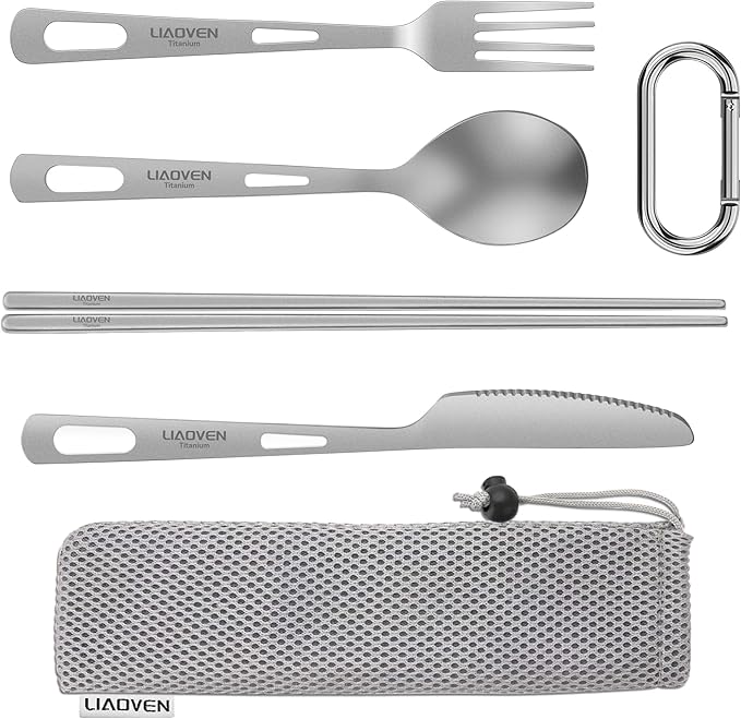 5-Piece Titanium Flatware Knife Fork Spoon Chopsticks Set, Lightweight Travel Camping Utility Cutlery Set with Carrying Bag, Reusable Eco-Friendly Camping Silverware for Backpacking Work Hiking