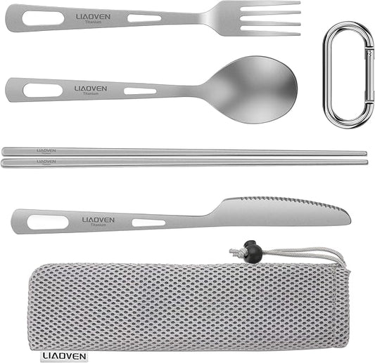 5-Piece Titanium Flatware Knife Fork Spoon Chopsticks Set, Lightweight Travel Camping Utility Cutlery Set with Carrying Bag, Reusable Eco-Friendly Camping Silverware for Backpacking Work Hiking