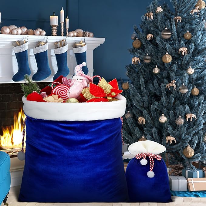 Shappy 2 Pieces Christmas Velvet Santa Bags with Drawstring in 2 Size Large Christmas Bags Santa Gift Sack for Xmas Playing Present Toy(Royal Blue)