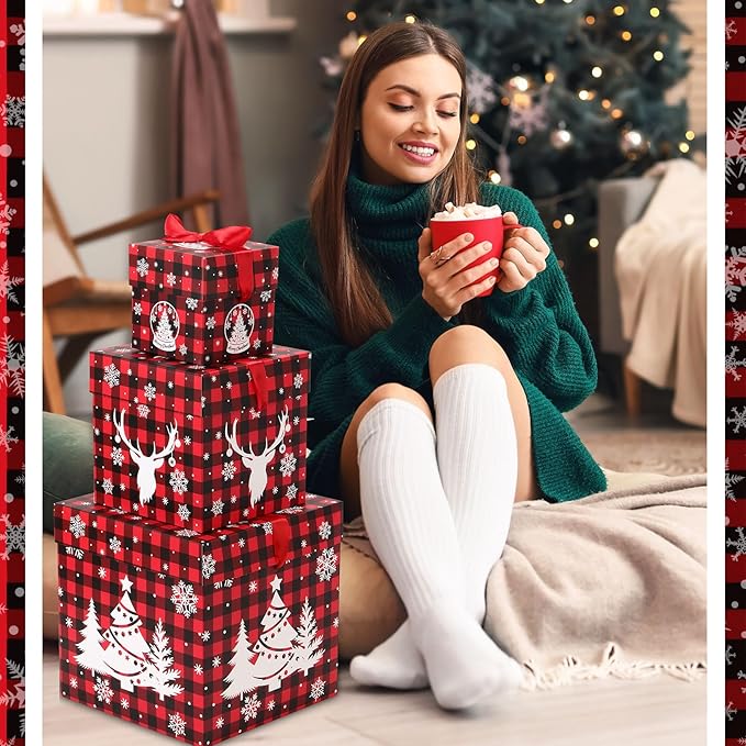 3 Pcs Christmas Nesting Gift Boxes Buffalo Plaid Xmas Stackable Boxes Black Red Decorative Xmas Nested Present Boxes with Lids and Ribbon for New Year Birthday Party Gift(Elk)
