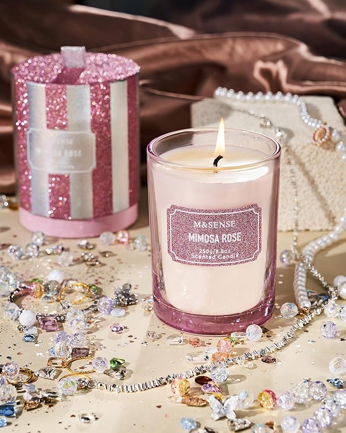 M&SENSE Rose Scented Candles, Classic Size 8.8 oz Glitter Jar Candles, Holiday Candles Gifts for Women, Strong Scented Natural Soy Candle for Winter Home Decor, 50 Hours Long Burning