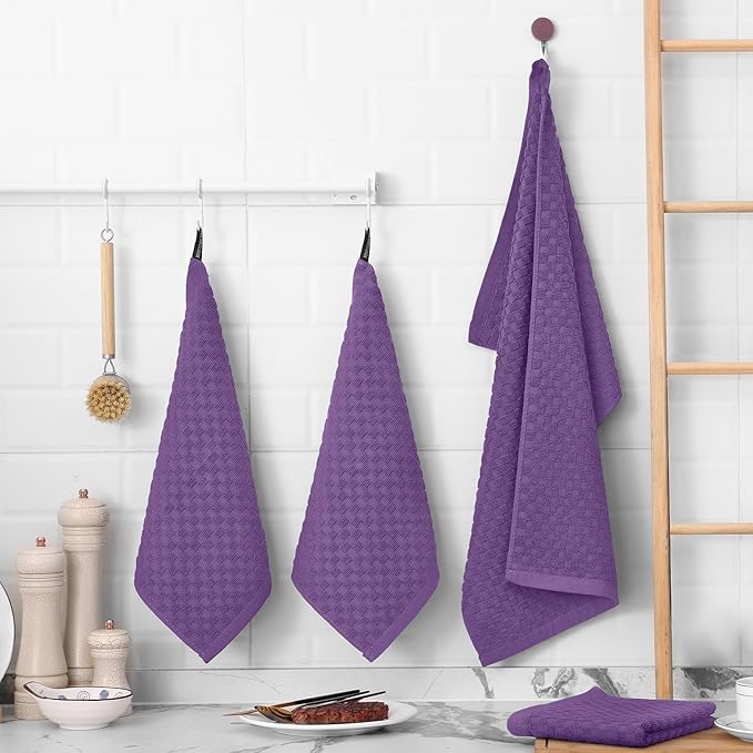 Fintale 100% Cotton Kitchen Towels and Dishcloths Set, 12 x 12 & 15 x 25 Inches, Set of 8 Bulk Super Soft and Absorbent Terry Cloth Dish Towels, Quick Drying Hand Towels with Hanging Loop, Purple