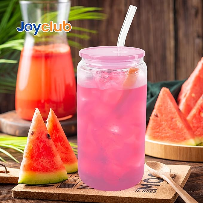 Joyclub 4 Pack Acrylic Lids for 16 oz Glass Cups with Bamboo Lids and Straws Reusable Iced Coffee Cup Beer Can Drinking Glasses for Smoothie Whiskey Boba Soda Tea Gift (Pink)