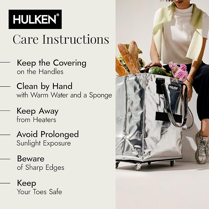 HULKEN (Medium, Silver) Reusable Grocery Bag On Wheels, Shopping Trolley, Rolling Tote, Zipper Closure, Lightweight, Carries Up to 66 lb, Folds Flat, Unbreakable Handles