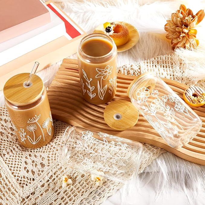 Mumufy Gift for Women Cute Glass Cup Tumbler Flower Iced Coffee Mugs 16 oz Glass with Bamboo Lid & Straw, Mothers Day Birthday Gift for Mom Sister Bridesmaid Baby Shower(12 Pack,Boho Floral)