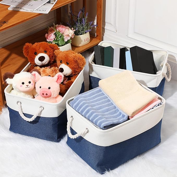 meekoo 8 Pack Collapsible Storage Bins Fabric Storage Bins Polyester Fabric Baskets with Handles Linen Closet Organizer for Shelf Home Closet Towels Toys(15 x 11 x 9.5 in,Blue White)