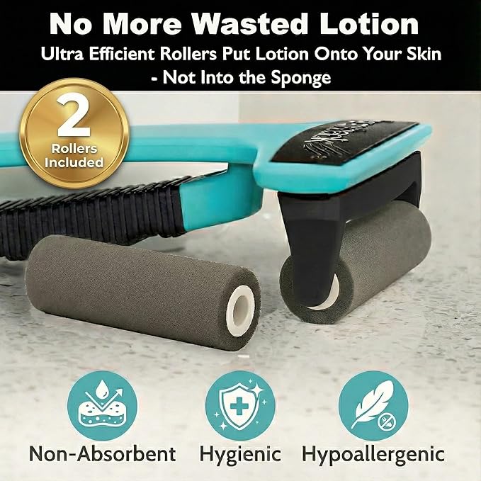 bearback Lotion Applicator for Back & Body – Long Reach Folding Handle with 2 Reusable Foam Rollers – Apply Lotion, Medication, Ointment, Sunscreen, Self Tanner – American Small Business (Teal)