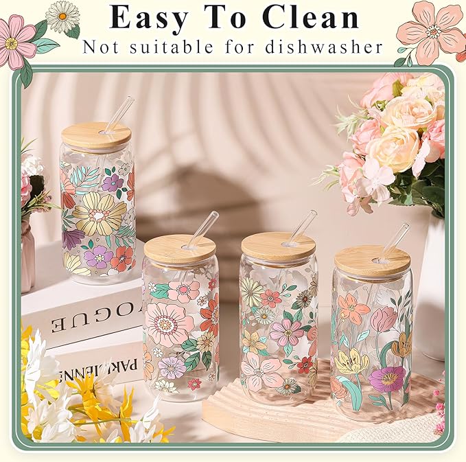 Mumufy 4 Pcs Gift for Women Bohemian Flower Cute Glass Cup Tumbler Boho Floral Iced Coffee Mugs 16 oz Glass with Bamboo Lid & Straw, Mothers Day Birthday Gift for Mom Sister Bridesmaid Baby Shower