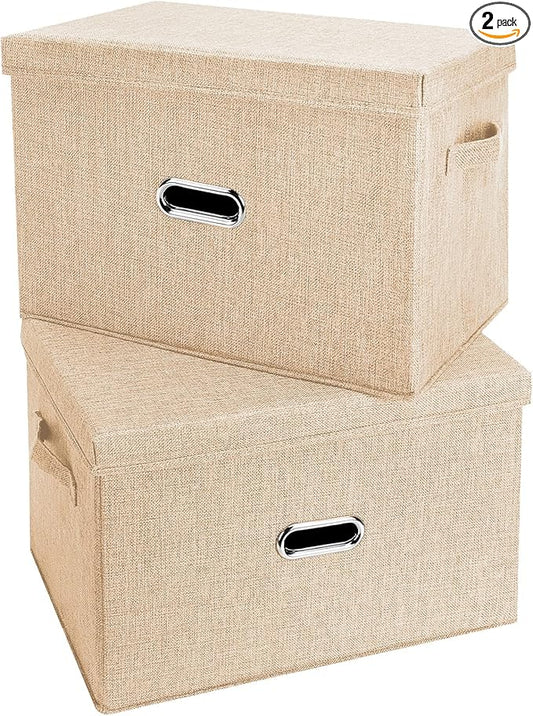 Large Linen Fabric Foldable Storage Bins with Removable Lid and Handles, Washable Storage Box Organizer Containers Baskets Cube with Cover for Bedroom,Closet,Office (Khaki, Medium(2-Pack))