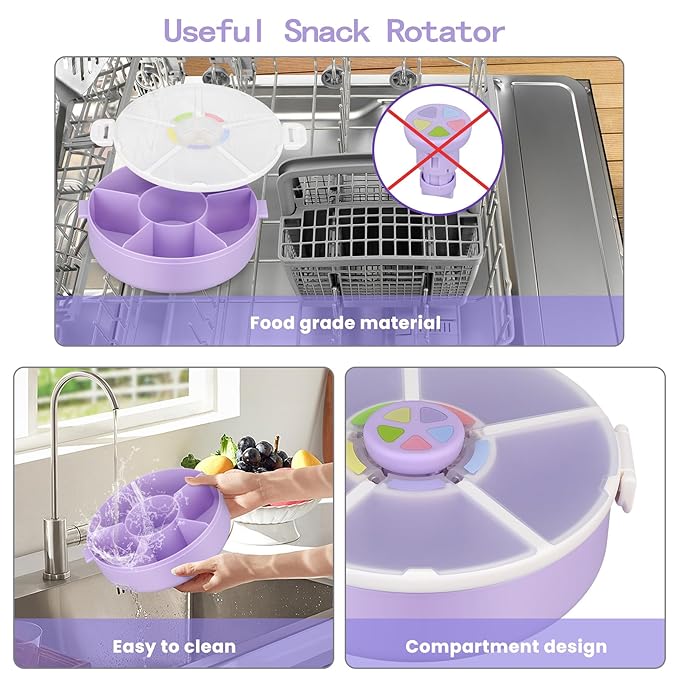 Snack Rotator Container Reusable Snack Box with 5 Compartment Dispenser and Lid, Color Matching Opening Lid, BPA and PVC Free, for Home, School, Travel (1 Pack- Purple)