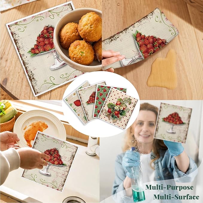 Swedish Dishcloths for Kitchen, Papaya Reusable Paper Towels Washable, Vintage Strawberries Swedish DishCloths for Friut, 4 Pack Dish Towels for Kitchen