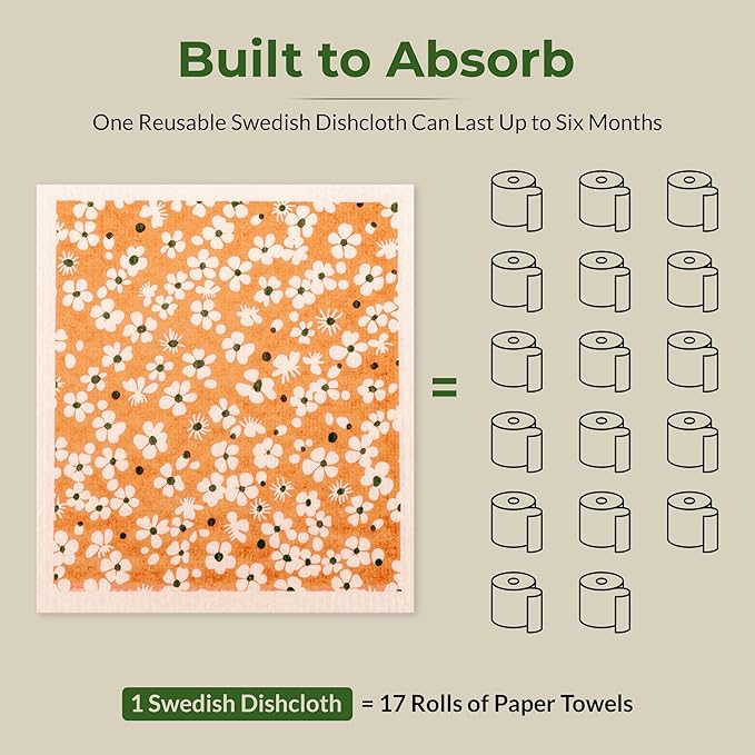 MosJos Swedish Dishcloths, Vintage Plant-Based Cellulose, 6.7x7.5 Inch, Super Absorbent, Multi-Surface, Machine Washable, Reusable, 5 Pack (Orange Green)