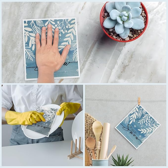 Christmas Swedish Dishcloths for Kitchen, Winter Snowflake Xmas Blue Kitchen Dish Towels for Washing Dishes, 4 Pack Reusable Paper Towels, Sponge Cloths for Home Party Housewarming Cleaning