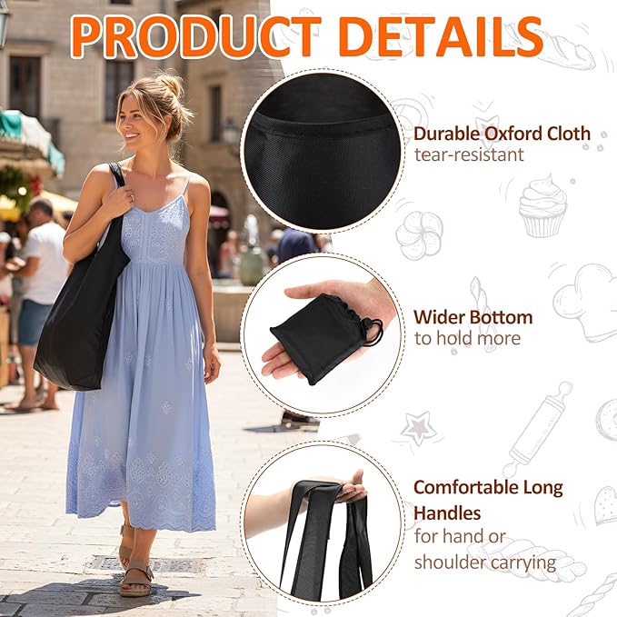 20 Pcs Reusable Grocery Bags Foldable Shopping Bags into Compact Pouch Large Black Totes with Handle Oxford Cloth Portable Lightweight Washable for Market Daily Use Travel Supermarket