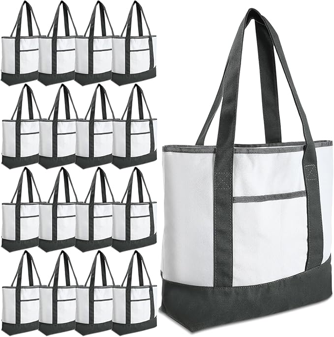 Reginary 16 Pcs Canvas Tote Bags Bulk with Outer Pocket 18 Inch Reusable Shopping Grocery Blank Tote Bag for Women Mother DIY