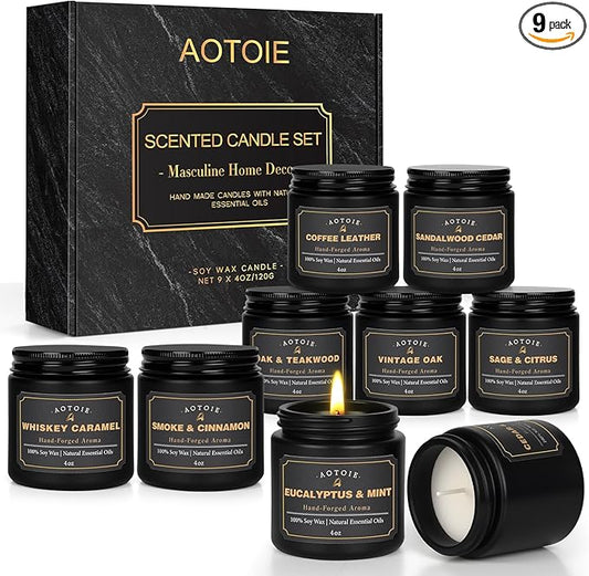 Mens Scented Candle Gift Set, 9 Pack Candles for Men, 36 oz Soy Candle, 200+ Hours Burn Time, Aromatherapy Gifts for Dad, Boyfriend, Husband for Christmas, Father’s Day, Birthday