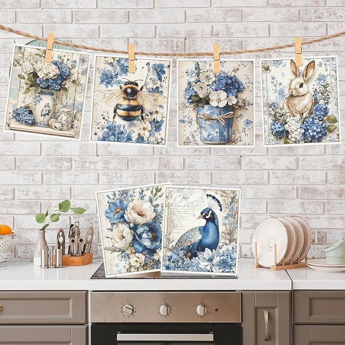Vintage Swedish Dishcloths for Kitchen, 6PCS Flower Blue Peacock Swedish Dish Cloths Gift Set, Reusable Absorbent Cellulose Sponge Dish Towel for Home Cleaning(7.8 X 7 Inches)