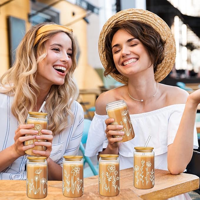 Mumufy 24 Pack Gift for Women Cute Glass Cup Tumbler Flower Iced Coffee Mugs 16 oz Glass with Bamboo Lid & Straw, Mothers Day Birthday Gift for Mom Sister Bridesmaid Baby Shower (Boho Floral)
