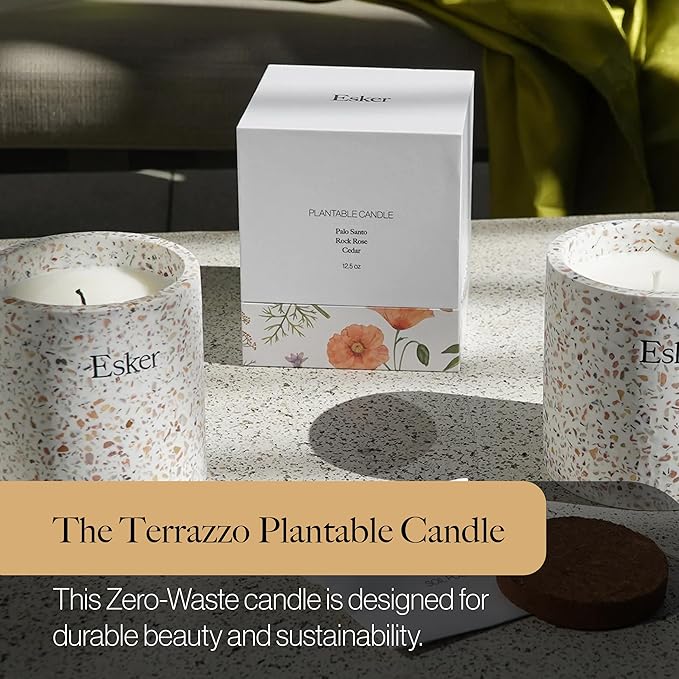 Esker Terrazzo Plantable Candle – Hand-Poured Soy Wax with Essential Oils, Eco-Friendly Reusable Planter, Includes Wildflower Seed Paper for Sustainable Gifting