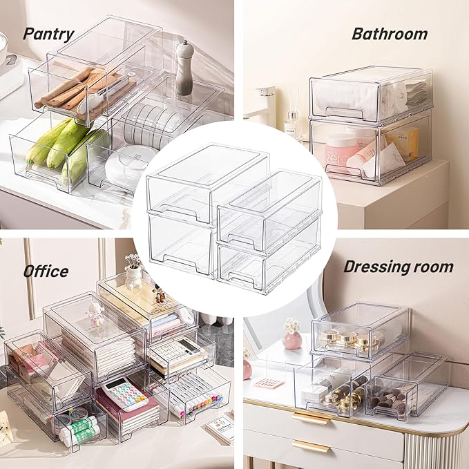 PeJeyiee 2 Pack Stackable Pull-Out Storage Drawers，Plastic Clear Organizer Bins with Handles，Easily Clean for Craft, and Toy Organization，Kitchen Undersink，Cabinet，Fridge，Closet，Pantry，Office，Bathroom