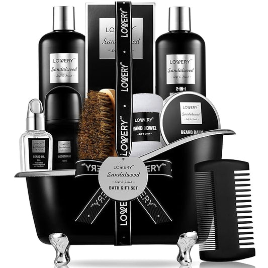 Christmas Gifts for Men, Mens Body And Wash Gift Set Beard Kit and Body Care, Unique Gifts for Dad Sandalwood Spa Gift Baskets, Bath and Beard Grooming Kit, Gifts for Husband Him Beard Balm Growth Oil