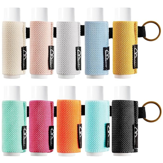 WK IEASON Lip Balm Holder Keychain, Small Christmas Gifts Stocking Stuffers for Teen Girls Women, 10PCS Clip on Lip Gloss Holder Compatible With Chapstick, Burt's Bees Sleeves Elastic Lipstick Holder