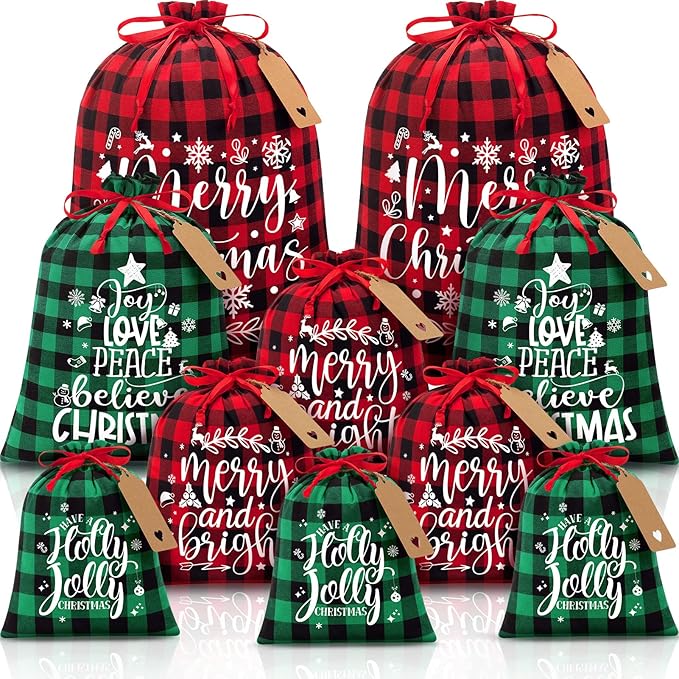 10 PCS Christmas Drawstring Gift Bags with Tags, Buffalo Plaid Xmas Gift Bags Assorted Sizes Bulk, Cotton Fabric Holiday Gift Bag Large Medium Small Wrapping Bag for Xmas Presents Decor Party Favors