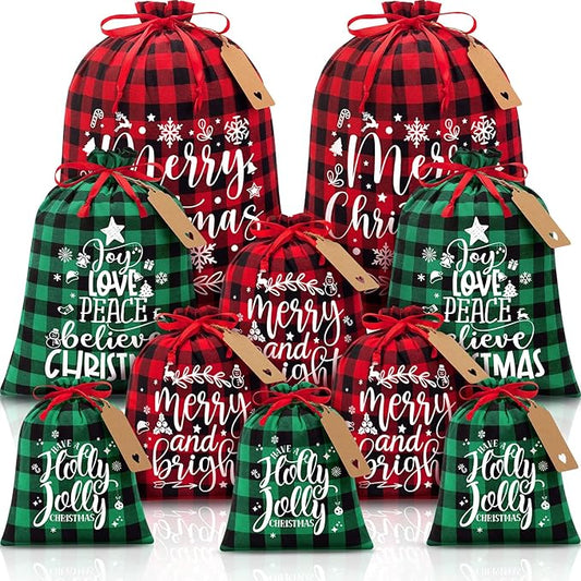 10 PCS Christmas Drawstring Gift Bags with Tags, Buffalo Plaid Xmas Gift Bags Assorted Sizes Bulk, Cotton Fabric Holiday Gift Bag Large Medium Small Wrapping Bag for Xmas Presents Decor Party Favors
