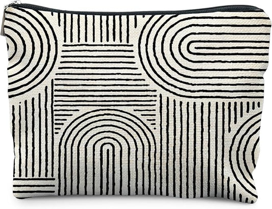 Abstract Minimalist Black and White Makeup Bag, Aesthetic Boho Rainbow Line Art Cosmetic Bags for Women, Boho Gifts for Women, Contemporary Modern Zipper Makeup Pouch