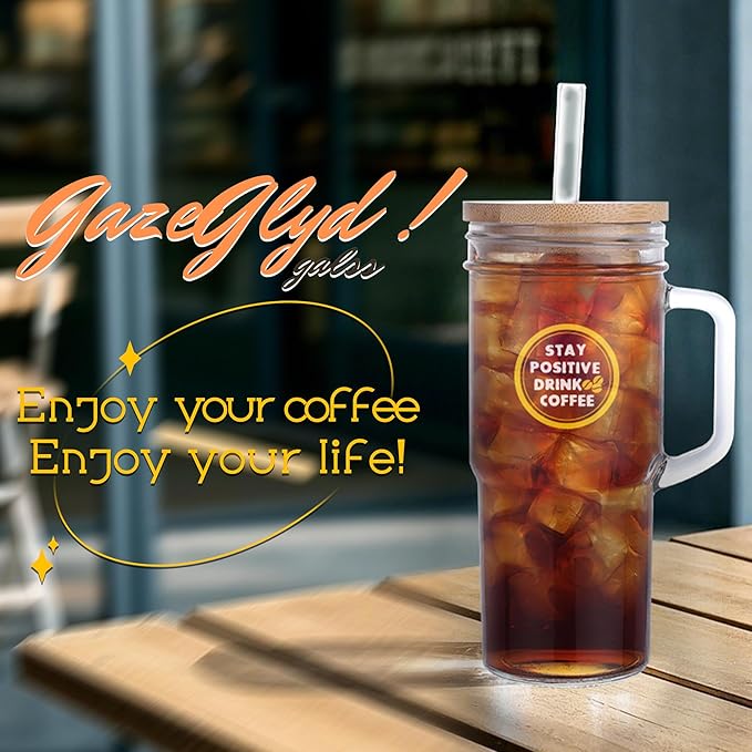 2 Pcs Glass Cups with Lids and Straws, 20oz/600ml Ice Glass Coffee Cups with Lids, Reusable Wide Mouth Tumbler with Handle & Leakproof Metal Lid & Eco Bamboo Lid & Cleaning Kit