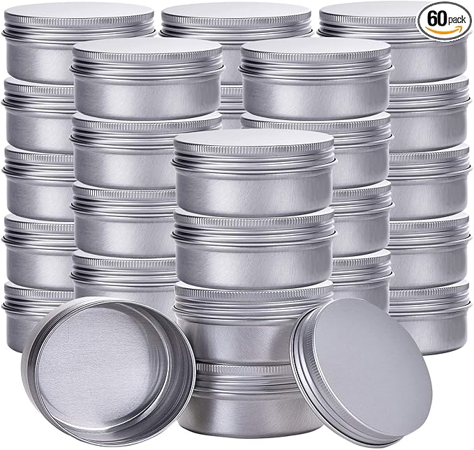 2 Ounce Aluminum Tin Jar Refillable Containers 60 ml Aluminum Screw Lid Round Tin Container Bottle 60 Pack for Cosmetic,Lip Balm, Cream