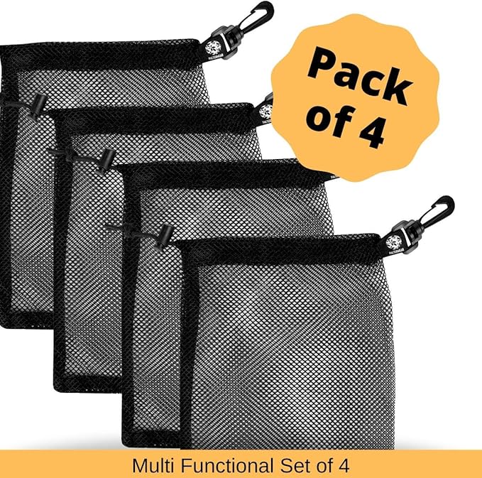 PALTERWEAR Mesh Drawstring Bag With Clip and Toggle Closure - For Watersports, Trekking, Sailing - Multi-Use Set of 4 (Black, 7 x 9 inch)