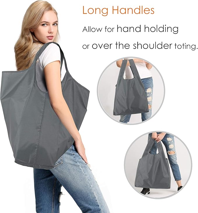 BeeGreen Grey Reusable Grocery Bags with Zipper Storage Pouch 10 Packs Gray Reusable Shopping Bags Bulk with Elastic Band Foldable-Machine Washable