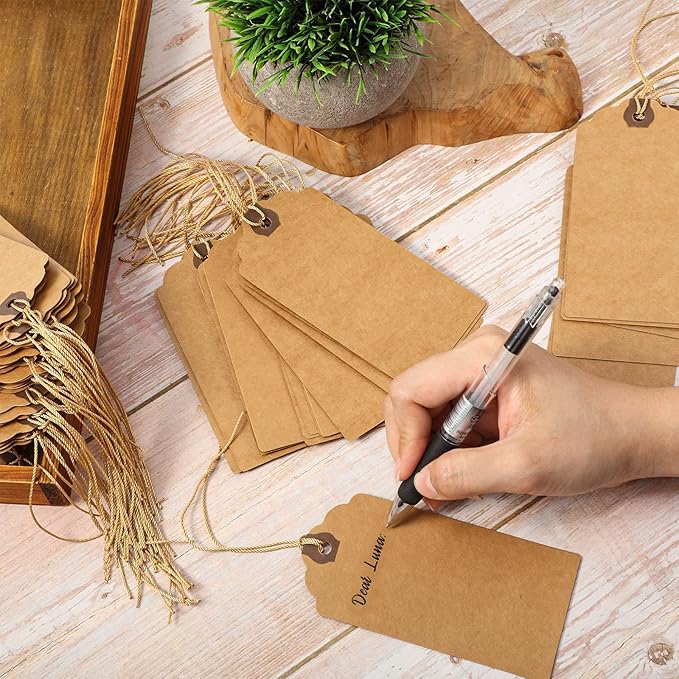 Outus 60 Pcs 4 3/4-in x 2 3/8-in Blank Large Paper Gift Tags with String and Reinforced Eyelet Wire Writable Price Tags Shipping Labels Inventory Labels(Brown)