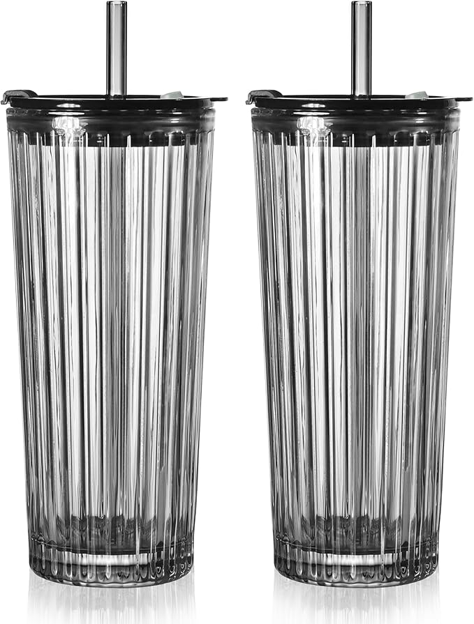 Puraville 2 Pack 18oz Glass Cups with Lids and Straws, Vintage Ribbed Striped Thickened Glassware for Whiskey Cocktail Beer, Mason Jar Drinking Glasses Tumbler Iced Coffee Cup, Black