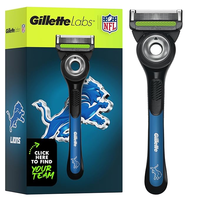 Gillette Labs Special NFL Lions Edition Shaving Razor for Men - 1 Handle, 4 Razor Blade Refills & Magnetic Stand, Holiday Gifts for Men, GilletteLabs with Exfoliating Bar