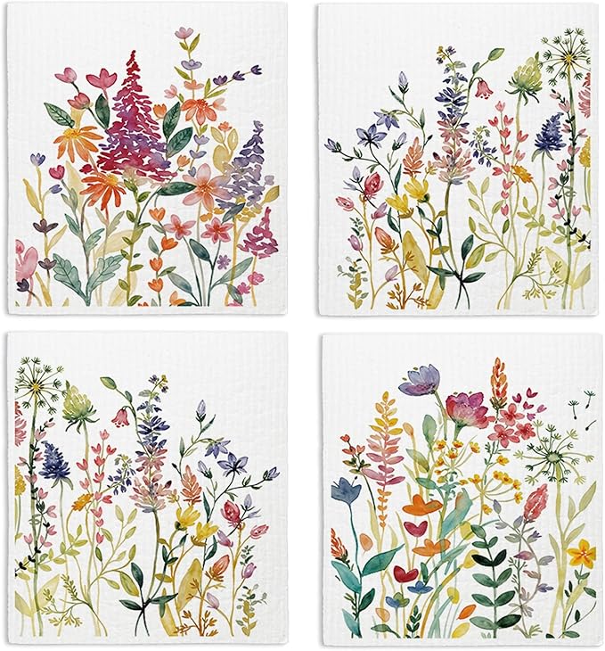Swedish Dishcloths for Kitchen, Summer Wildflower Dish Rags Floral Kitchen Dish Towels for Washing Dishes, 4 Pack Reusable Paper Towels, Sponge Cloths for Home Cleaning Cooking Baking