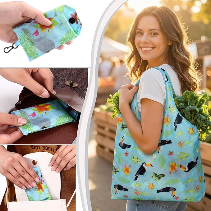 Tanlade 50 Pcs Reusable Grocery Bags Large Foldable Polyester Tote Bag Heavy Duty Washable Shopping Bags with Pouch Attached