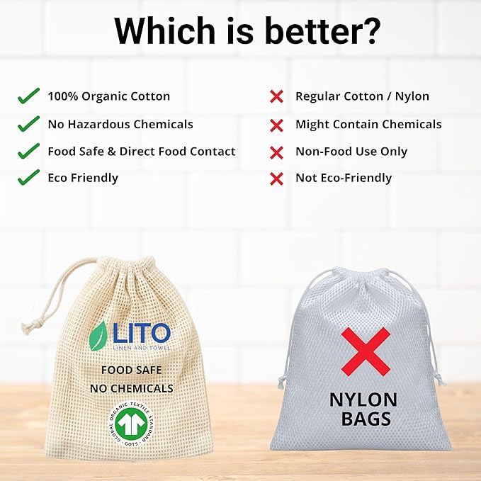 LITO LINEN AND TOWEL Organic Cotton Mesh Produce Bags – Mixed Size Reusable Grocery Bags (12 Pack) | Washable, Lightweight & Breathable Storage for Fruits, Vegetables, Bulk Foods & Zero Waste Living