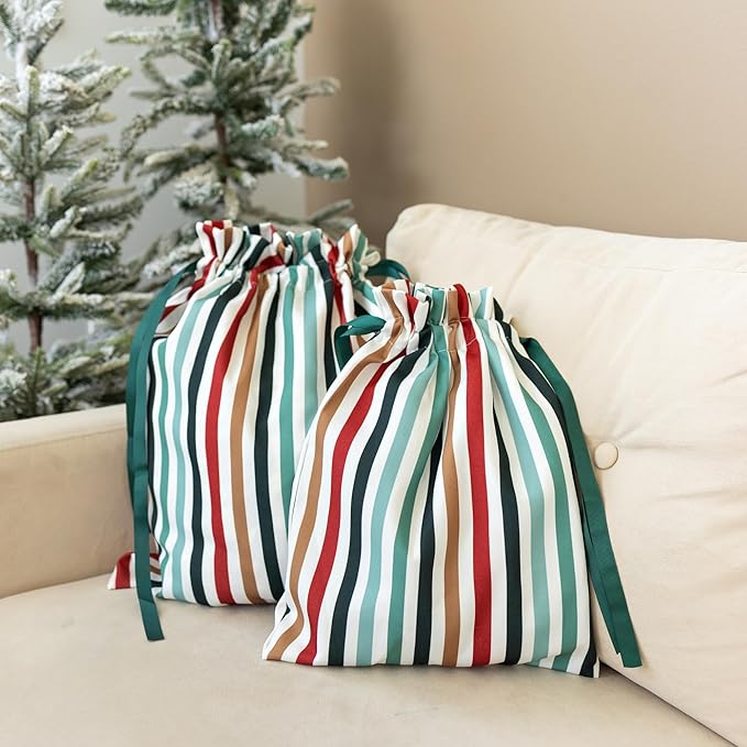 Gather & Knot Drawstring Christmas Gift Bags | 20" Large 16" Medium | Premium Canvas | Reusable Fabric Wrap for Holidays | Mix & Match | Green Stripes